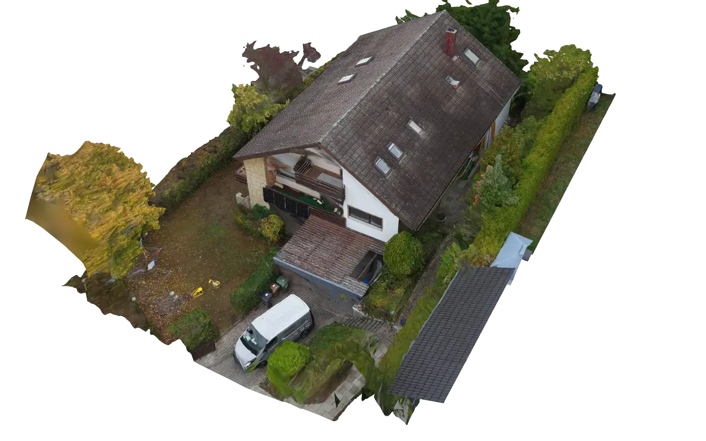 Vorschau des 3D-Modells: Wohnhaus mit Satteldach und Dachfenstern, schräg von oben